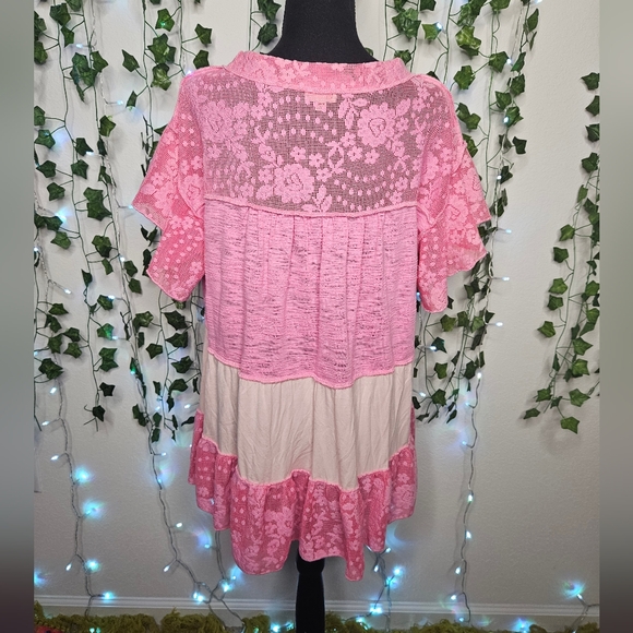 NWOT POL Pink Mixed Media Floral Mesh Ruffle Sleeve Tiered Hem Flowy Blouse Top - Picture 7 of 12